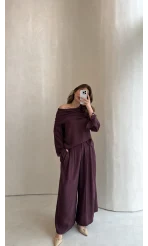 Madonna Yaka Bluz Geniş Paça Pantolon Takım - Mürdüm - Kod: 0957