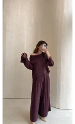 Madonna Yaka Bluz Geniş Paça Pantolon Takım - Mürdüm - Kod: 0957