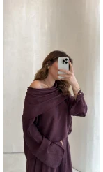 Madonna Yaka Bluz Geniş Paça Pantolon Takım - Mürdüm - Kod: 0957