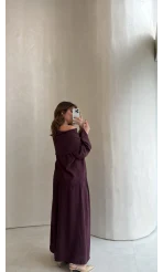 Madonna Yaka Bluz Geniş Paça Pantolon Takım - Mürdüm - Kod: 0957