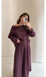 Madonna Yaka Bluz Geniş Paça Pantolon Takım - Mürdüm - Kod: 0957