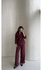 Madonna Yaka Bluz Geniş Paça Pantolon Takım - Mürdüm - Kod: 0957