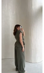 Seren Vatkalı Bağlamalı Yelek Pantolon Takım - Haki - Kod: 580769