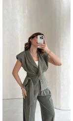 Seren Vatkalı Bağlamalı Yelek Pantolon Takım - Haki - Kod: 580769
