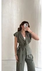 Seren Vatkalı Bağlamalı Yelek Pantolon Takım - Haki - Kod: 580769