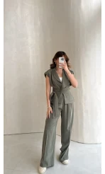 Seren Vatkalı Bağlamalı Yelek Pantolon Takım - Haki - Kod: 580769