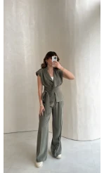 Seren Vatkalı Bağlamalı Yelek Pantolon Takım - Haki - Kod: 580769