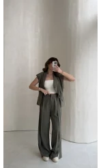 Seren Vatkalı Bağlamalı Yelek Pantolon Takım - Haki - Kod: 580769