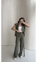 Seren Vatkalı Bağlamalı Yelek Pantolon Takım - Haki - Kod: 580769