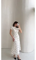 Saskia Bel Detay Puantiye Desenli Kloş Elbise - Ekru - Kod: 8708