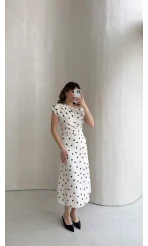 Saskia Bel Detay Puantiye Desenli Kloş Elbise - Ekru - Kod: 8708