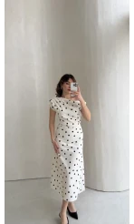 Saskia Bel Detay Puantiye Desenli Kloş Elbise - Ekru - Kod: 8708