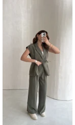 Diagonel Yelek Pantolon Takım - Haki - Kod: 8106