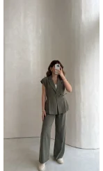 Diagonel Yelek Pantolon Takım - Haki - Kod: 8106