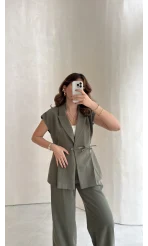 Diagonel Yelek Pantolon Takım - Haki - Kod: 8106