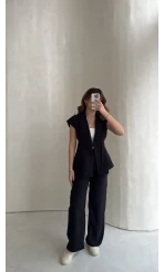 Diagonel Yelek Pantolon Takım - Siyah - Kod: 8106