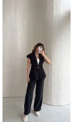 Diagonel Yelek Pantolon Takım - Siyah - Kod: 8106
