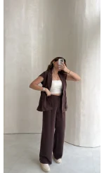 Diagonel Yelek Pantolon Takım - Kahverengi - Kod: 8106