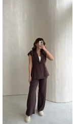 Diagonel Yelek Pantolon Takım - Kahverengi - Kod: 8106
