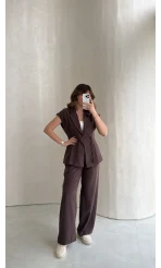 Diagonel Yelek Pantolon Takım - Kahverengi - Kod: 8106