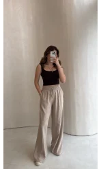 Dökümlü Bağcıklı Beli Lastikli Pantolon - Taş - Kod: 0893