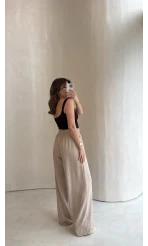 Dökümlü Bağcıklı Beli Lastikli Pantolon - Taş - Kod: 0893