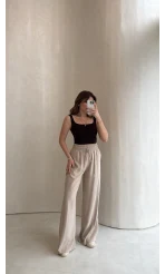 Dökümlü Bağcıklı Beli Lastikli Pantolon - Taş - Kod: 0893