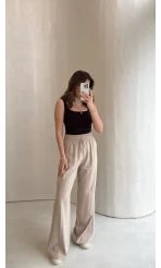 Dökümlü Bağcıklı Beli Lastikli Pantolon - Taş - Kod: 0893