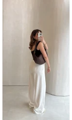 Dökümlü Bağcıklı Beli Lastikli Pantolon - Ekru - Kod: 0893