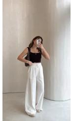 Dökümlü Bağcıklı Beli Lastikli Pantolon - Ekru - Kod: 0893