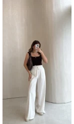 Dökümlü Bağcıklı Beli Lastikli Pantolon - Ekru - Kod: 0893