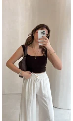 Dökümlü Bağcıklı Beli Lastikli Pantolon - Ekru - Kod: 0893