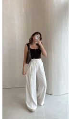 Dökümlü Bağcıklı Beli Lastikli Pantolon - Ekru - Kod: 0893
