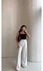 Dökümlü Bağcıklı Beli Lastikli Pantolon - Ekru - Kod: 0893