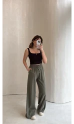 Dökümlü Bağcıklı Beli Lastikli Pantolon - Haki - Kod: 0893
