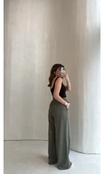 Dökümlü Bağcıklı Beli Lastikli Pantolon - Haki - Kod: 0893
