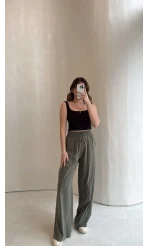 Dökümlü Bağcıklı Beli Lastikli Pantolon - Haki - Kod: 0893