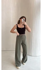 Dökümlü Bağcıklı Beli Lastikli Pantolon - Haki - Kod: 0893