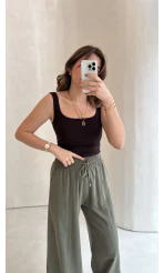 Dökümlü Bağcıklı Beli Lastikli Pantolon - Haki - Kod: 0893