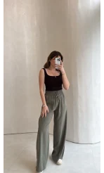 Dökümlü Bağcıklı Beli Lastikli Pantolon - Haki - Kod: 0893