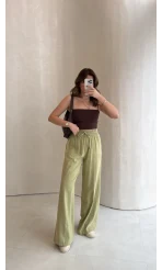 Dökümlü Bağcıklı Beli Lastikli Pantolon - Mint - Kod: 0893