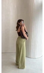 Dökümlü Bağcıklı Beli Lastikli Pantolon - Mint - Kod: 0893