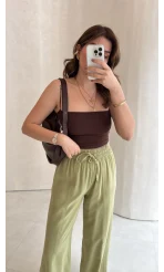 Dökümlü Bağcıklı Beli Lastikli Pantolon - Mint - Kod: 0893