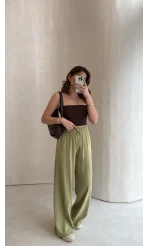 Dökümlü Bağcıklı Beli Lastikli Pantolon - Mint - Kod: 0893