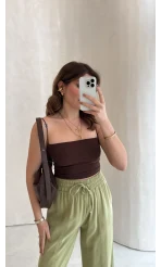 Dökümlü Bağcıklı Beli Lastikli Pantolon - Mint - Kod: 0893