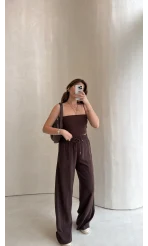 Dökümlü Bağcıklı Beli Lastikli Pantolon - Kahve - Kod: 0893