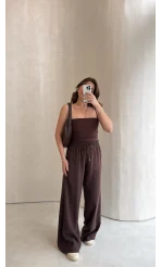Dökümlü Bağcıklı Beli Lastikli Pantolon - Kahve - Kod: 0893