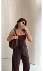 Dökümlü Bağcıklı Beli Lastikli Pantolon - Kahve - Kod: 0893