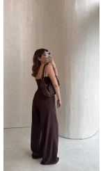 Dökümlü Bağcıklı Beli Lastikli Pantolon - Kahve - Kod: 0893