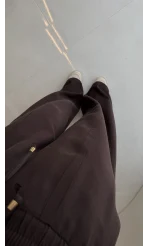 Dökümlü Bağcıklı Beli Lastikli Pantolon - Kahve - Kod: 0893